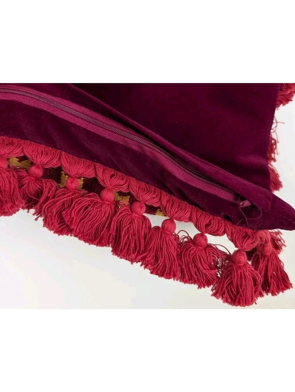 Needlepoint Christmas Pillow Teddy Bear Present Red Velvet Tassels 14